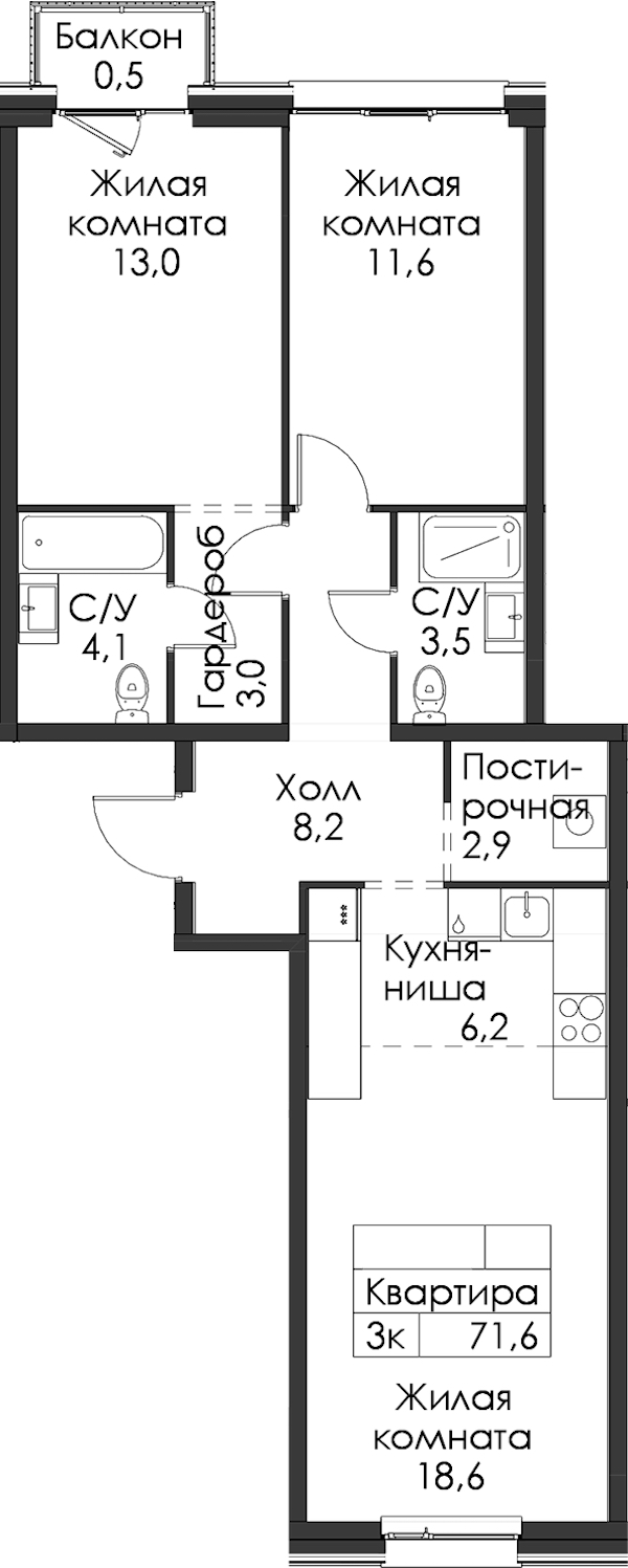 2-комнатная квартира 71.6 м², 4/12 эт., ЖК «Шкиперский 19»